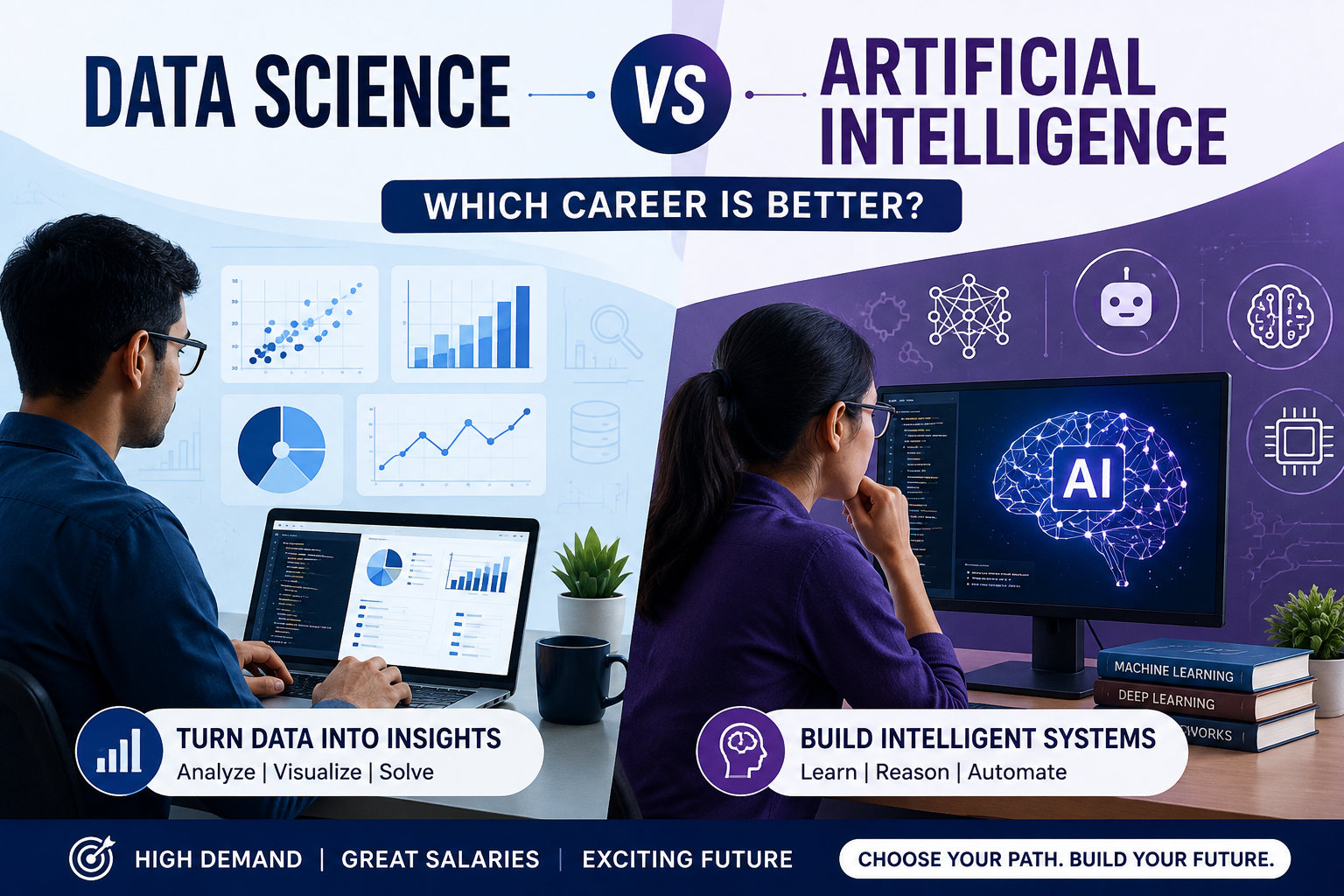 Comparison of Data Science and Artificial Intelligence careers showing analytics, machine learning, coding, and future technology concepts