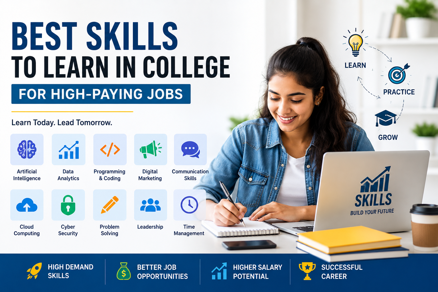 College students learning AI, coding, communication, and digital skills to prepare for high-paying careers in the future